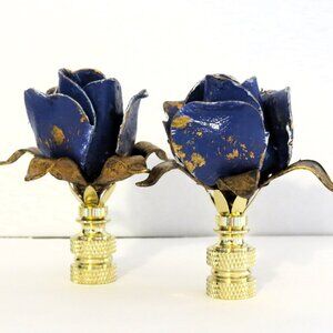 Deep Cornflower Blue/ Purple Gold Leaf Vintage Italian Tole Rose Lamp Finials
